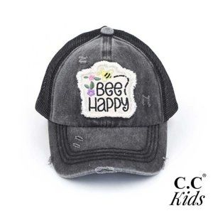 C.C Distressed Embroidered Bee Happy Patch Pony Cap For Kids Black